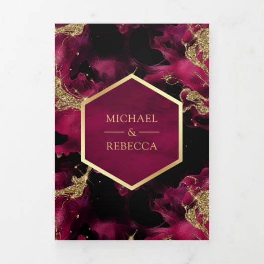 Fuchsia Goud Abstracte Vloeibare Inkt QR Code Brui Drieluik Uitnodiging (Cover)