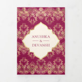 Fuchsia Goud Kant QR Code Foto Indiase bruiloft Drieluik Uitnodiging (Cover)