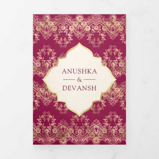 Fuchsia Goud Kant QR Code Foto Indiase bruiloft Drieluik Uitnodiging (Cover)