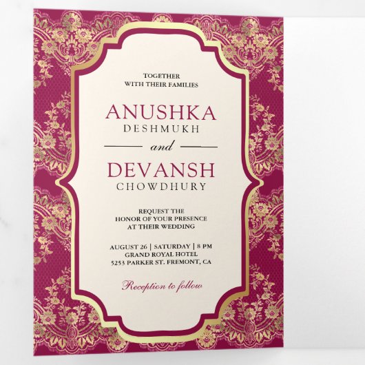 Fuchsia Goud Kant QR Code Foto Indiase bruiloft Drieluik Uitnodiging (Binnenzijde eerst)