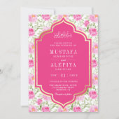 Fuchsia Goud Roze Bloemen Patroon Moslim Bruiloft Kaart (Voorkant)