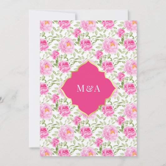 Fuchsia Goud Roze Bloemen Patroon Moslim Bruiloft Kaart (Achterkant)