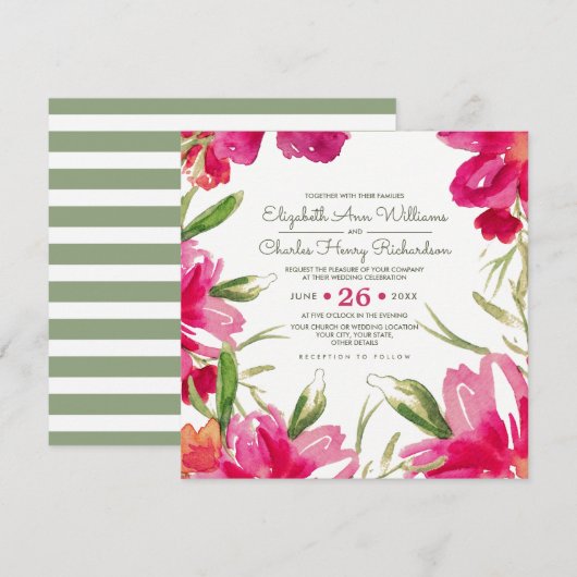 Fuchsia Green Floral Waterverf Wedding Kaart (Voorkant / Achterkant)