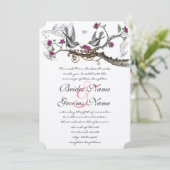 Fuchsia & Grey Vintage Birds Invitation au mariage (Debout devant)