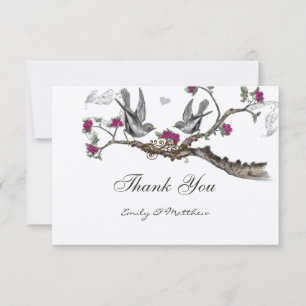 Fuchsia & grijze vintage vogels trouwkaarten bedankkaart