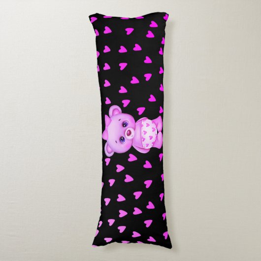 Fuchsia Heart Print Teddy Bear Body Pillow Lichaamskussen (Voorkant Verticaal)