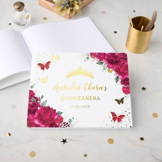 Fuchsia Heet Roze Bloemenvlinders QUINCEAÑERA Gastenboek