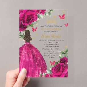 Fuchsia Heet Roze Rozen Bloemige Quinceañera Sweet Acryl Uitnodigingen