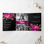 Fuchsia Heet Roze Rozen Fotocollage Zwart Bruiloft Drieluik Uitnodiging (Binnen)