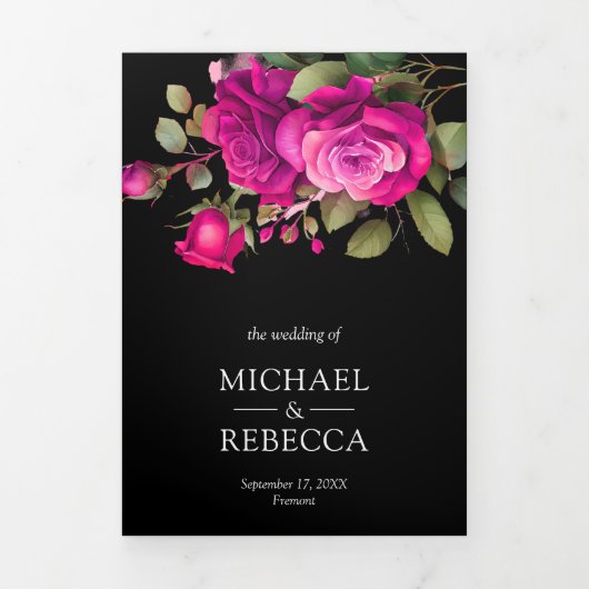 Fuchsia Heet Roze Rozen Fotocollage Zwart Bruiloft Drieluik Uitnodiging (Cover)