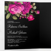 Fuchsia Heet Roze Rozen Fotocollage Zwart Bruiloft Drieluik Uitnodiging (Binnenzijde eerst)