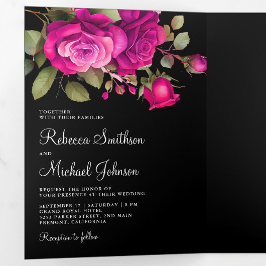 Fuchsia Heet Roze Rozen Fotocollage Zwart Bruiloft Drieluik Uitnodiging (Binnenzijde eerst)