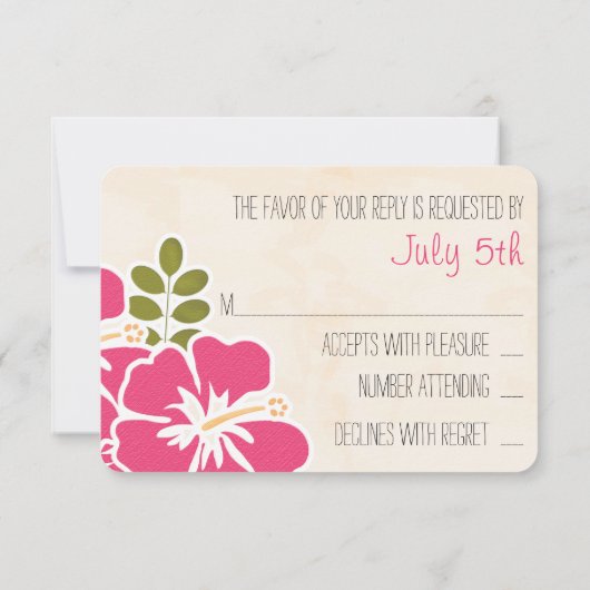 FUCHSIA HIBISCUS HAWAÏAN WEDDING RESPONS KAART (Achterkant)