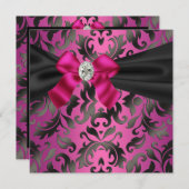 Fuchsia Hot Pink Black Damask Party uitnodiging (Voorkant / Achterkant)