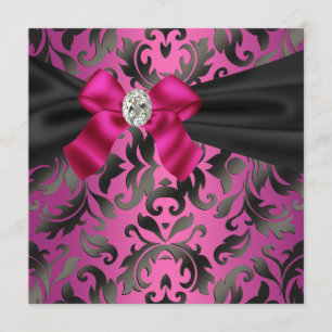 Fuchsia Hot Pink Black Damask Party uitnodiging