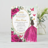 Fuchsia Hot Roze Bloemen Prinses Goud Quinceañera Kaart (Staand voorkant)