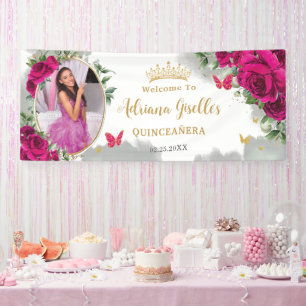 Fuchsia Hot Roze Rozen Bloemen Quinceañera Foto Spandoek
