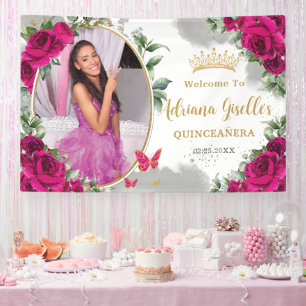 Fuchsia Hot Roze Rozen Bloemen Quinceañera Foto Spandoek
