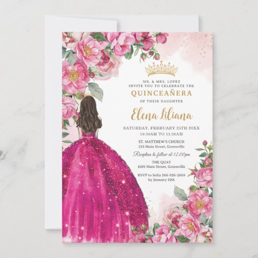 Fuchsia Hot Roze Rozen Bloemen Quinceañera Sweet 1 Kaart (Voorkant)