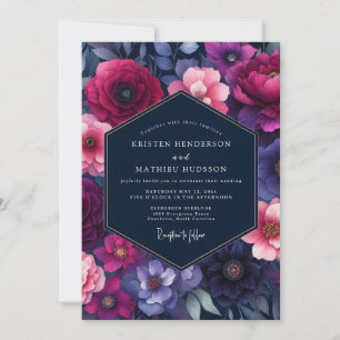 Fuchsia Indigo Bloei Bruiloft Kaart