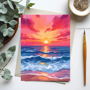 Fuchsia Kust Zonsondergang   Oceaan Golven Waterve Briefkaart