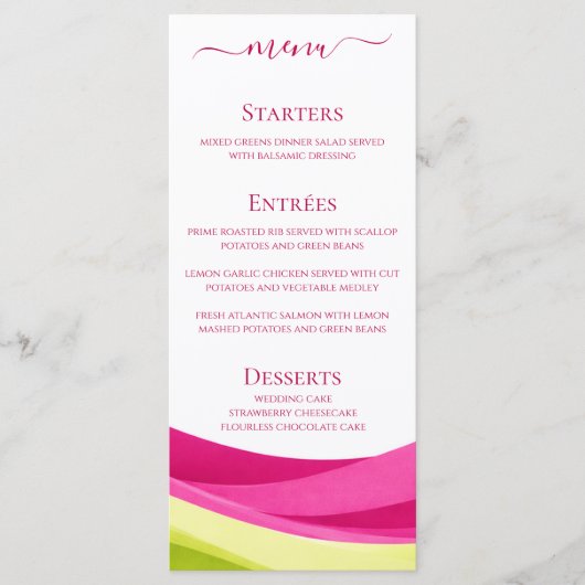 Fuchsia & Lime Green Wedding Dinner and Bar Menu  (Devant)