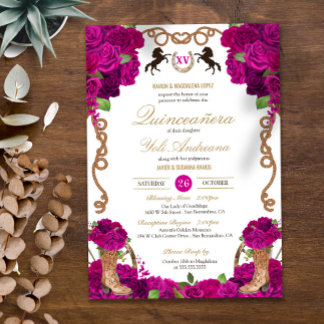 Fuchsia Magenta Rozen Western Charro Quinceanera Kaart