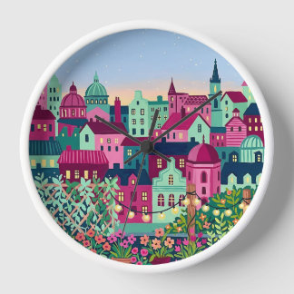 Fuchsia & Mint Stedelijke Silhouette Wandklok