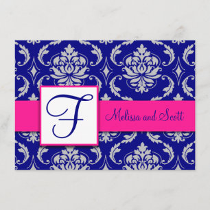 Fuchsia Navy Blauwe Zilveren Damast Uitnodiging Vo