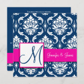 Fuchsia Navy Blue Damask Invitation 2 Kaart (Voorkant / Achterkant)