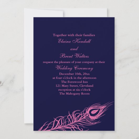 Fuchsia & Navy Feathers Wedding Invitation Kaart (Voorkant)