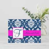 Fuchsia Navyblauw Damast Save the Date Kaart (Staand voorkant)