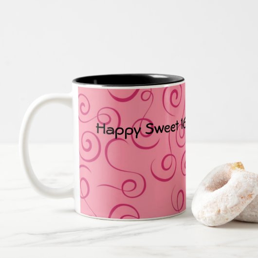 Fuchsia op Roze Retro Curly Swirl Spiraal Tweekleurige Koffiemok (Met donut)