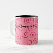 Fuchsia op Roze Retro Curly Swirl Spiraal Tweekleurige Koffiemok (Voorkant links)