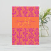 Fuchsia Oranje Damask Save the Date Monogram (Staand voorkant)