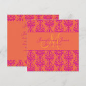 Fuchsia Oranje Damask Wedding Invitation Square Kaart (Voorkant / Achterkant)