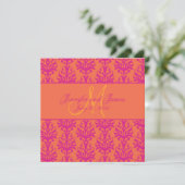 Fuchsia Oranje Damask Wedding Invitation Square Kaart (Staand voorkant)