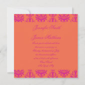 Fuchsia Oranje Damask Wedding Invitation Square Kaart (Achterkant)