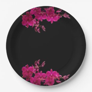 Fuchsia orchideeën op zwart-bruiloft Borden- Papieren Bordje