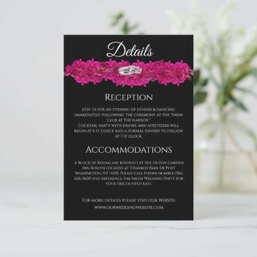 Fuchsia Orchideeën op zwart - Trouwdag Informatiekaartje (Staand voorkant)