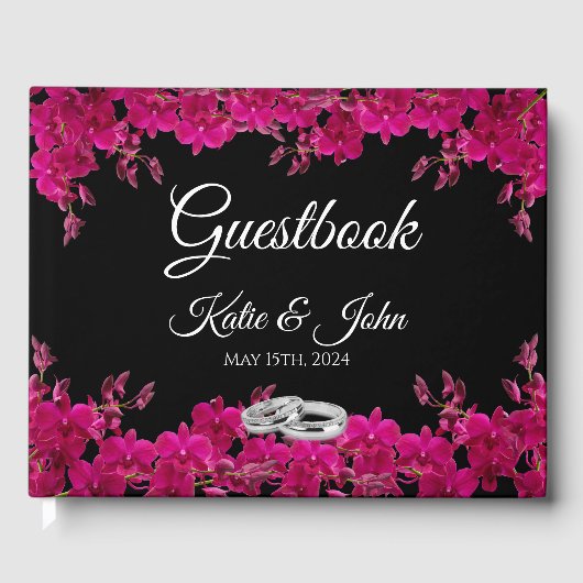 Fuchsia orchideeën op zwart-wit gastenboek (Voorkant)