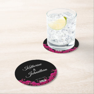 Fuchsia Orchids op Black-Wedding- Ronde Kartonnen Onderzetter