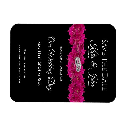 Fuchsia Orchids op Zwart- Bruiloft Save the Date- Magneet (Horizontaal)