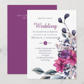 Fuchsia Paars Pink Floral Wedding Kaart (Voorkant / Achterkant)