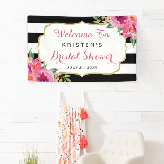 Fuchsia Paars Red Floral Stripes Vrijgezellenfeest Spandoek (Insitu)