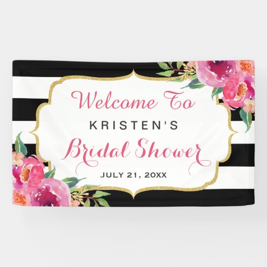 Fuchsia Paars Red Floral Stripes Vrijgezellenfeest Spandoek (Horizontaal)