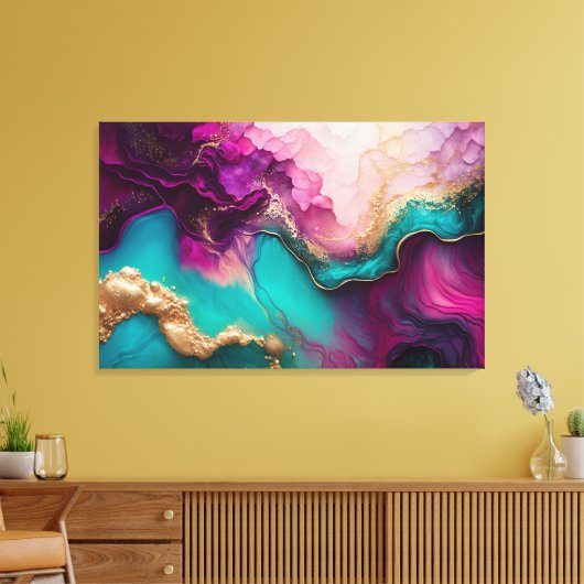 Fuchsia, Paarse, Blauwgroen en goudmarmer Abstract Canvas Afdruk (Insitu (Woonkamer))