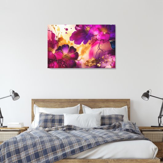Fuchsia, Paarse en goudfloral kunst Canvas Afdruk (Insitu (Slaapkamer))