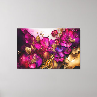Fuchsia, Paarse en goudfloral kunst Canvas Afdruk