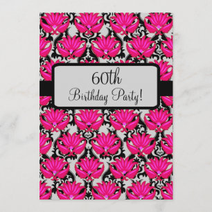 Fuchsia Pink Black Damask 60e verjaardag Kaart